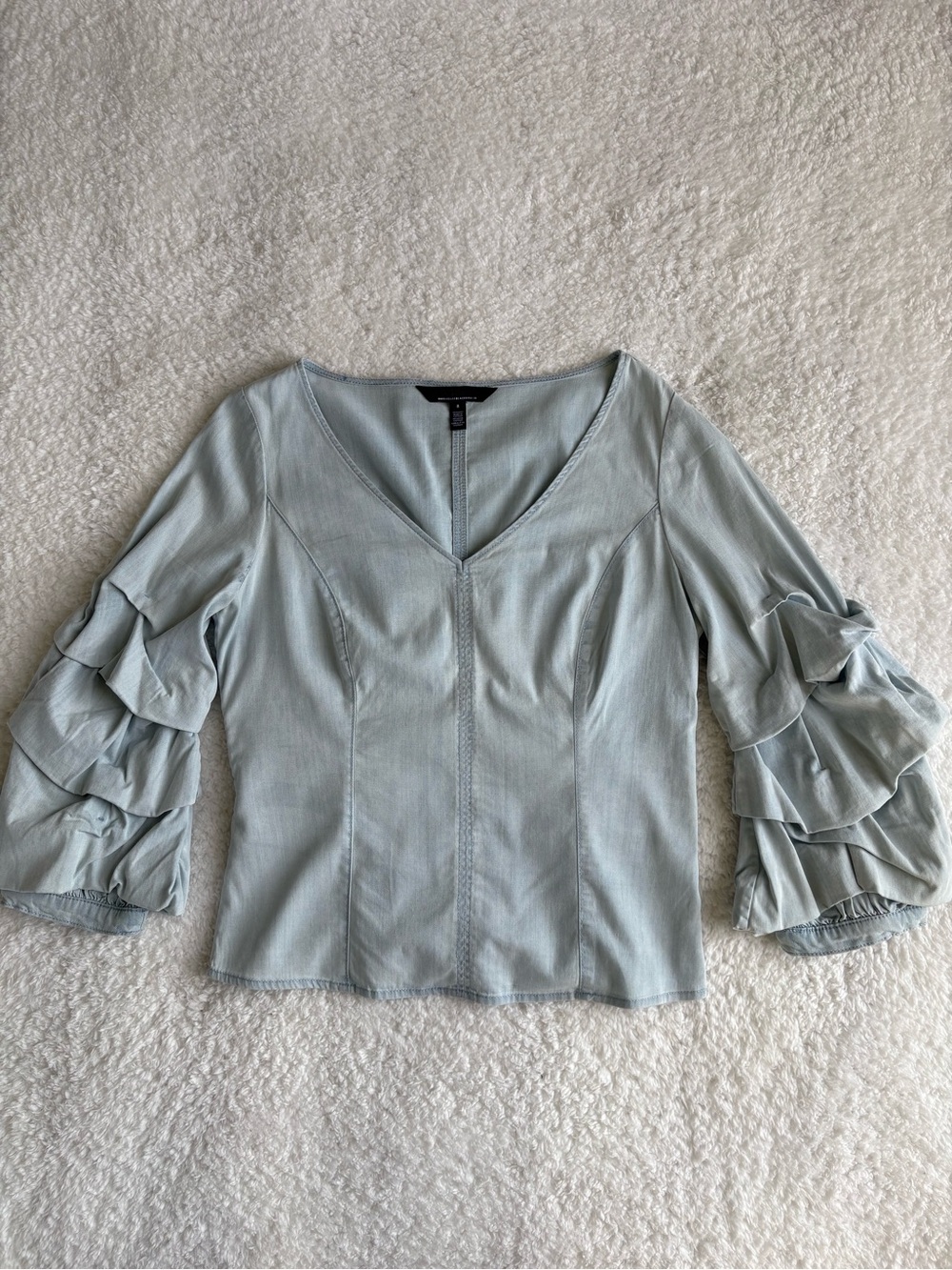 WHBM Cotton Tencel Chambray Ruffle Sleeve Tie Back Blouse - Size Small